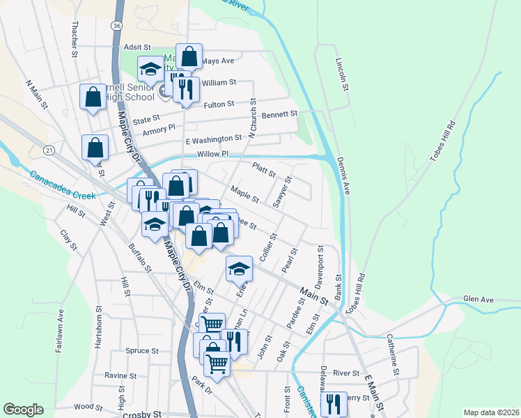map of restaurants, bars, coffee shops, grocery stores, and more near 91 Maple Street in Hornell