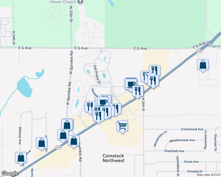 map of restaurants, bars, coffee shops, grocery stores, and more near 5855 Gull Run Drive in Kalamazoo