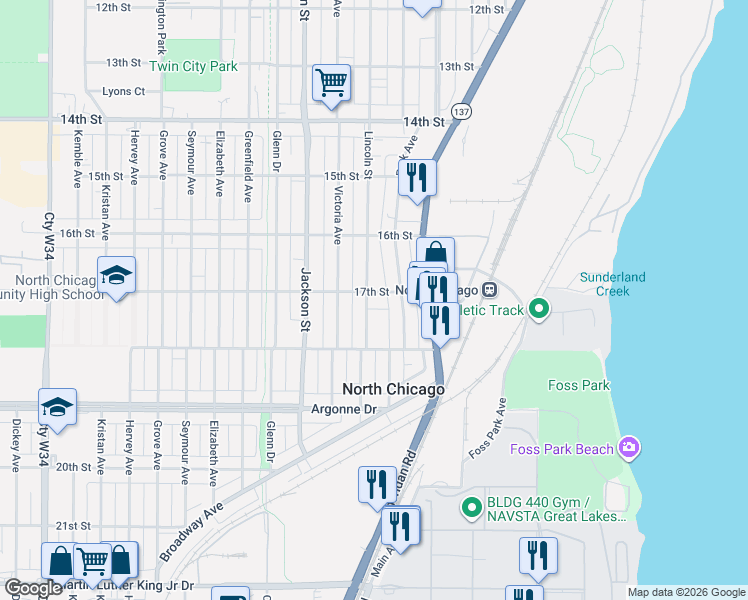 map of restaurants, bars, coffee shops, grocery stores, and more near 811 17th Street in North Chicago