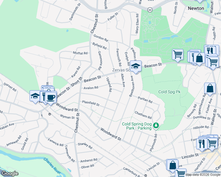 map of restaurants, bars, coffee shops, grocery stores, and more near 40 Upland Rd in Newton