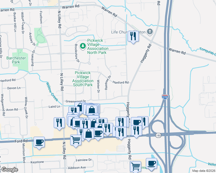 map of restaurants, bars, coffee shops, grocery stores, and more near 6311 Raintree Drive in Canton