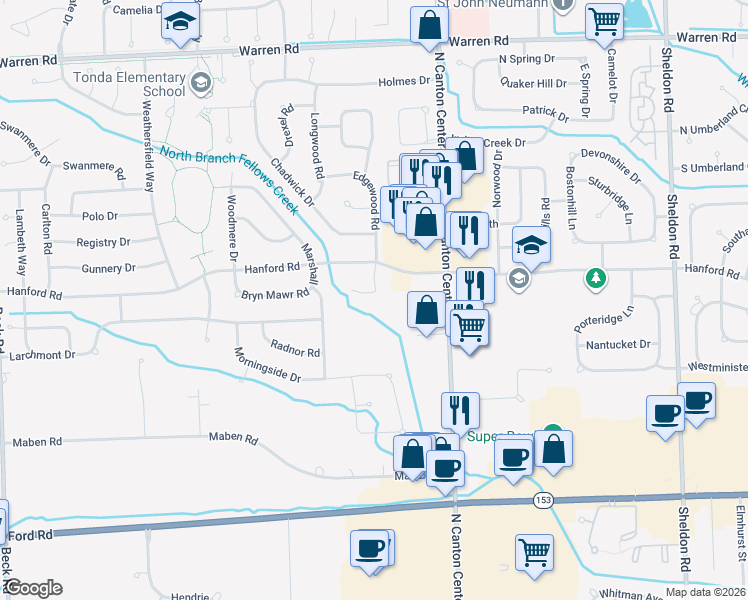 map of restaurants, bars, coffee shops, grocery stores, and more near 45543 Baldwin Court in Wayne County