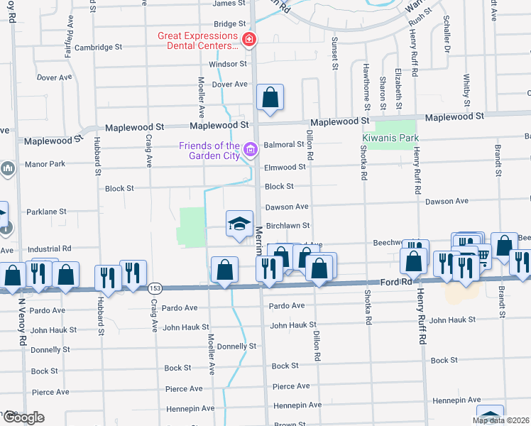 map of restaurants, bars, coffee shops, grocery stores, and more near 5950 Merriman Road in Garden City
