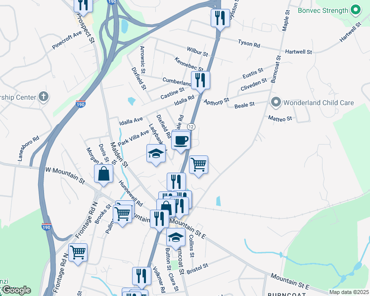 map of restaurants, bars, coffee shops, grocery stores, and more near 977 Massachusetts 12 in Worcester