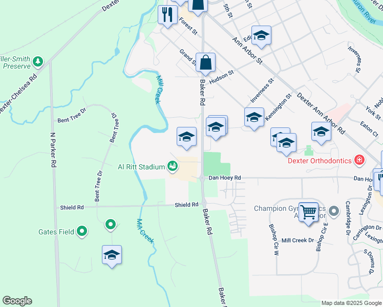 map of restaurants, bars, coffee shops, grocery stores, and more near 2615 Baker Road in Dexter