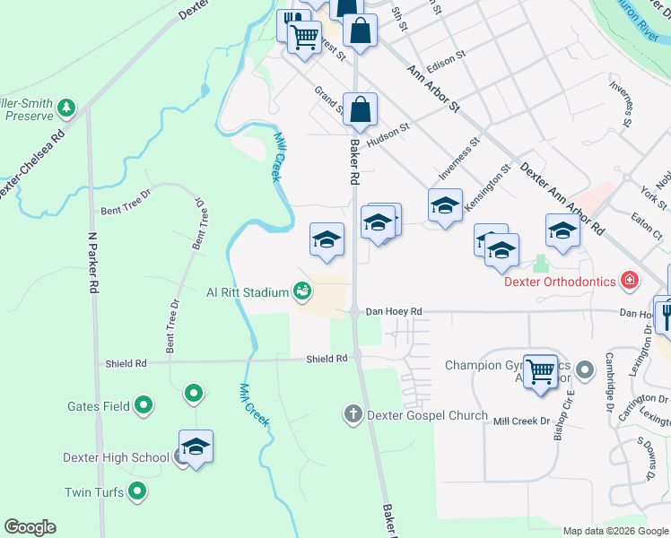 map of restaurants, bars, coffee shops, grocery stores, and more near 2615 Baker Road in Dexter