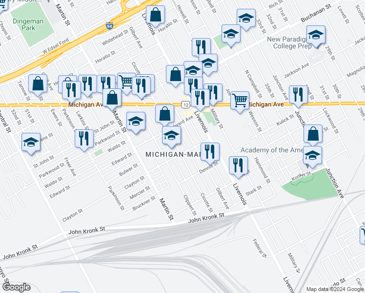 map of restaurants, bars, coffee shops, grocery stores, and more near 3824 Cicotte Street in Detroit