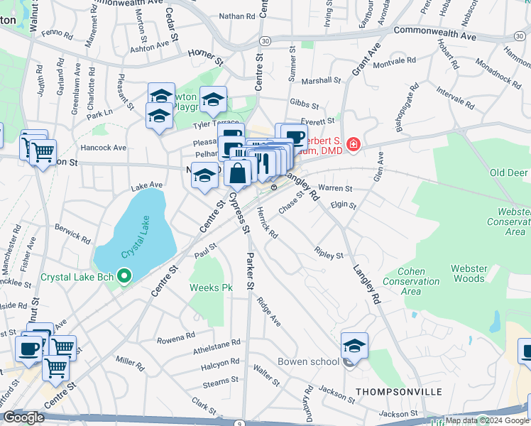 map of restaurants, bars, coffee shops, grocery stores, and more near 62 Herrick Road in Newton