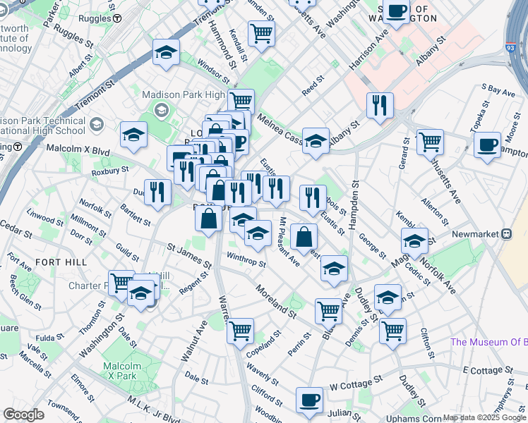 map of restaurants, bars, coffee shops, grocery stores, and more near 221 Dudley Street in Boston