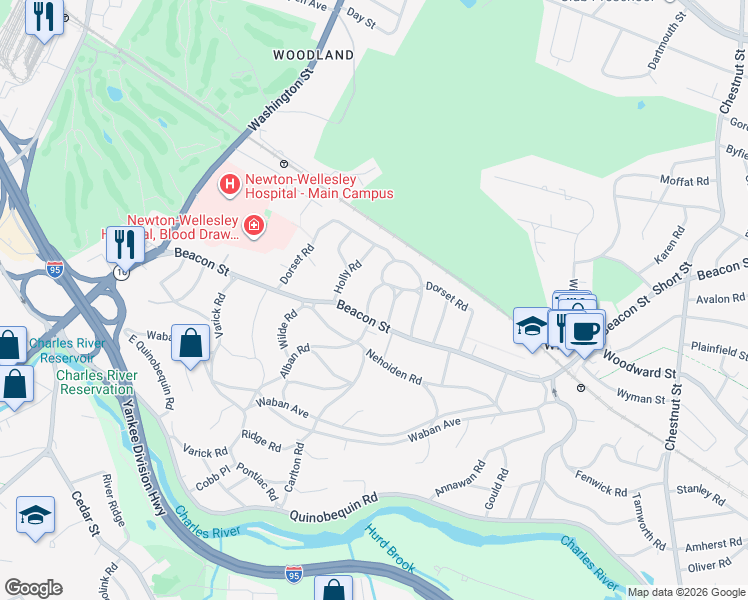 map of restaurants, bars, coffee shops, grocery stores, and more near 52 Metacomet Road in Newton