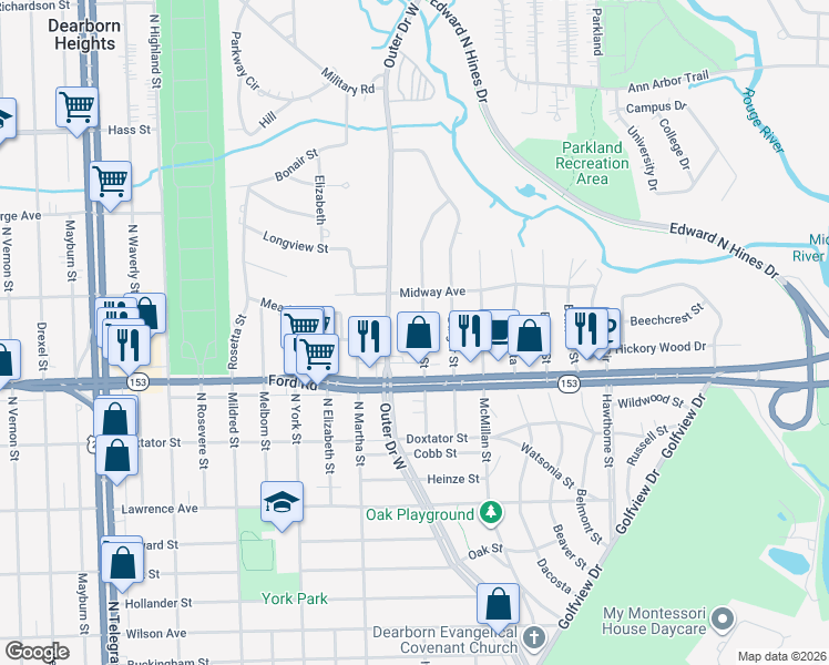 map of restaurants, bars, coffee shops, grocery stores, and more near 5693 Hubbell St in Dearborn Heights