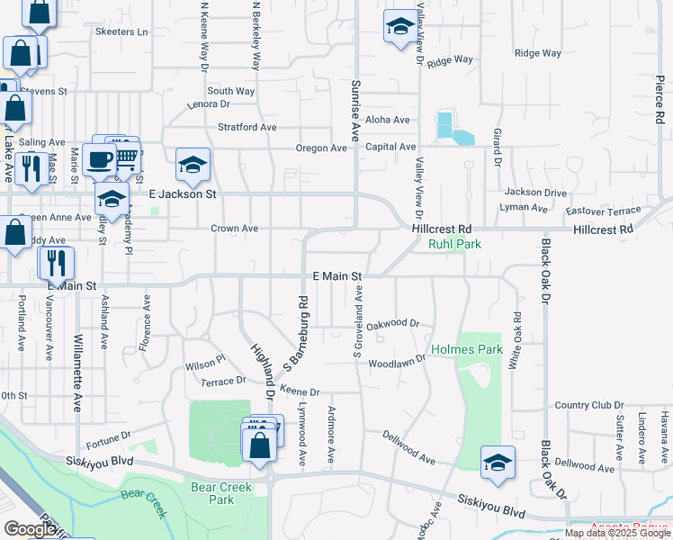 map of restaurants, bars, coffee shops, grocery stores, and more near 2001 E Main St in Medford