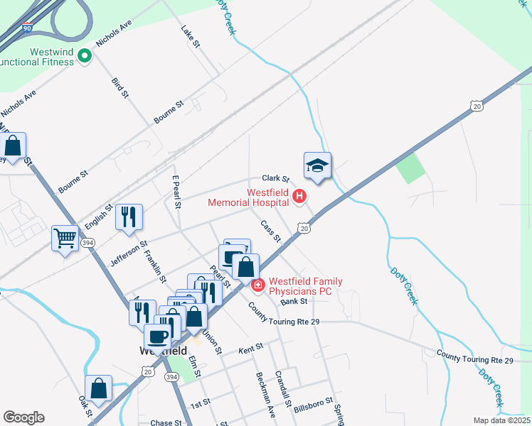 map of restaurants, bars, coffee shops, grocery stores, and more near 22 Colburn Street in Westfield