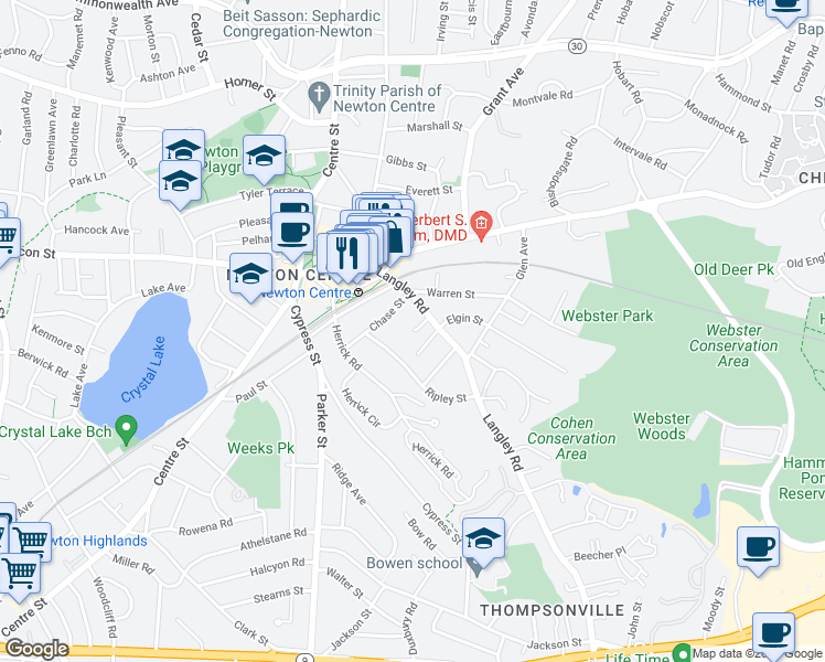 map of restaurants, bars, coffee shops, grocery stores, and more near 99 Glazer Road in Newton