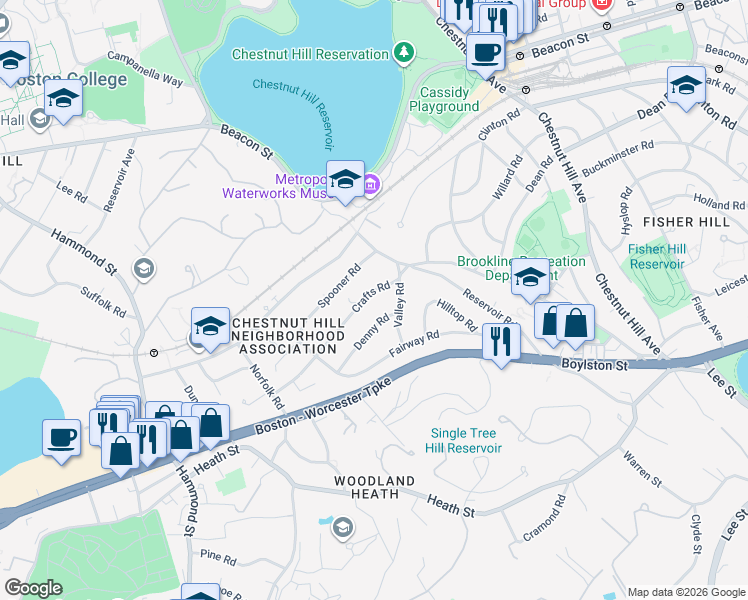 map of restaurants, bars, coffee shops, grocery stores, and more near 127 Crafts Road in Brookline