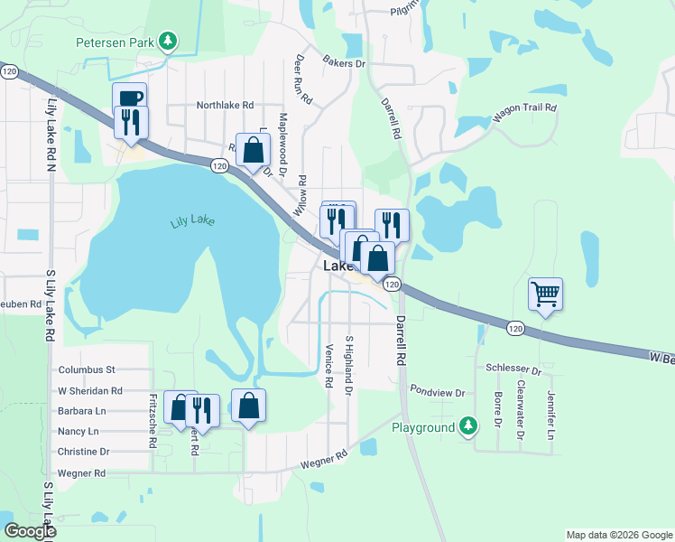 map of restaurants, bars, coffee shops, grocery stores, and more near 123 Rand Road in Lakemoor
