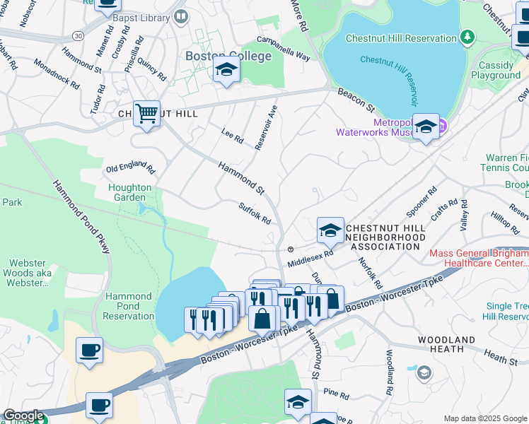 map of restaurants, bars, coffee shops, grocery stores, and more near 27 Suffolk Road in Newton