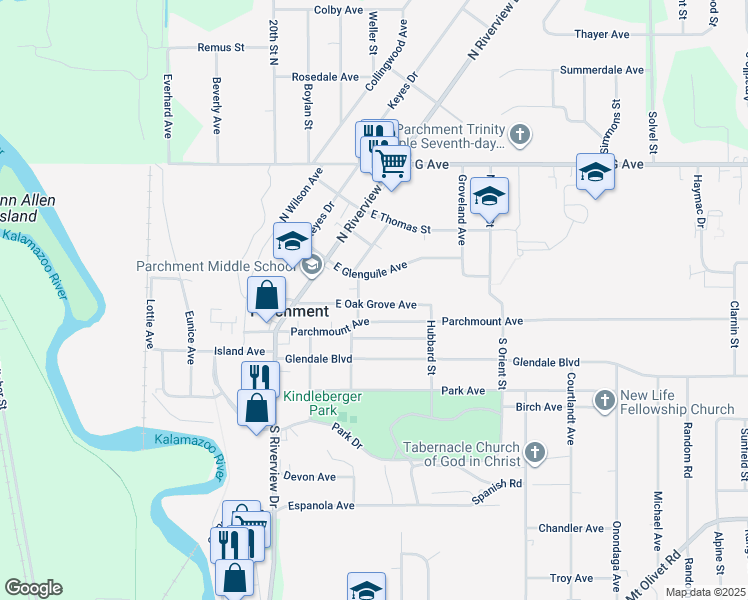 map of restaurants, bars, coffee shops, grocery stores, and more near 269 East Oak Grove Avenue in Parchment