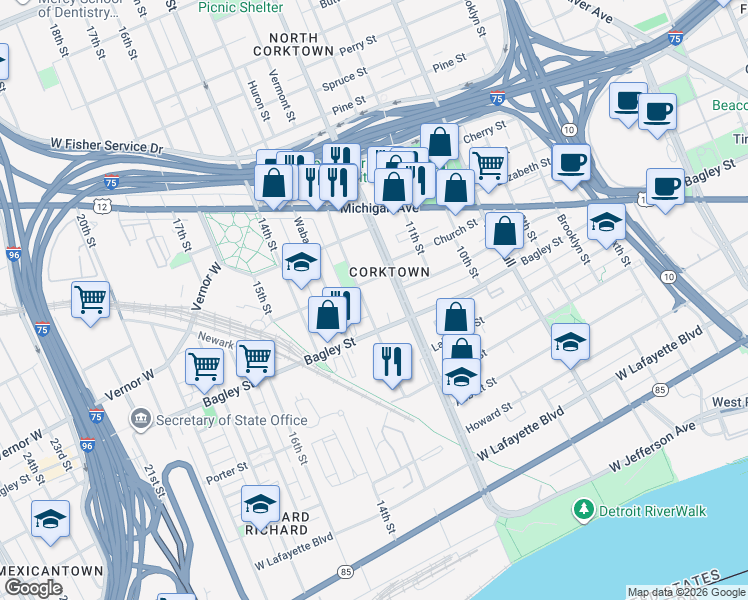 map of restaurants, bars, coffee shops, grocery stores, and more near 1880 Vermont Street in Detroit