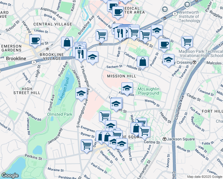 map of restaurants, bars, coffee shops, grocery stores, and more near 172 Fisher Avenue in Boston