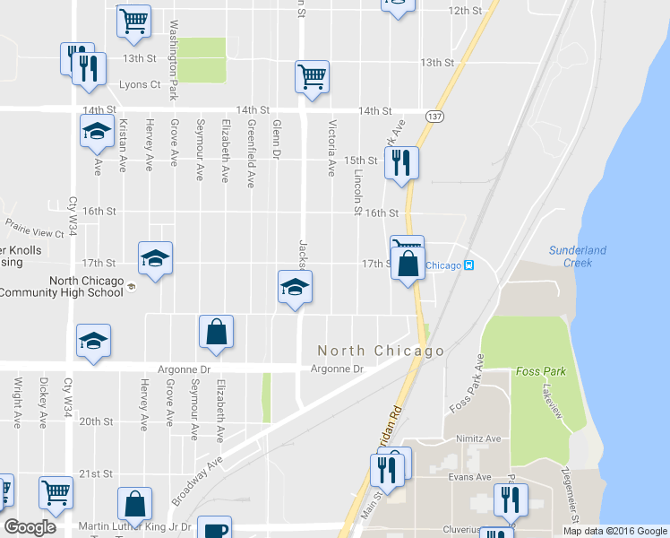 map of restaurants, bars, coffee shops, grocery stores, and more near 1701 Victoria Ave in North Chicago