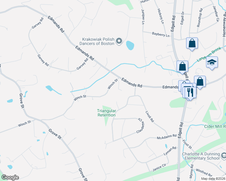map of restaurants, bars, coffee shops, grocery stores, and more near 455 Winch Street in Framingham