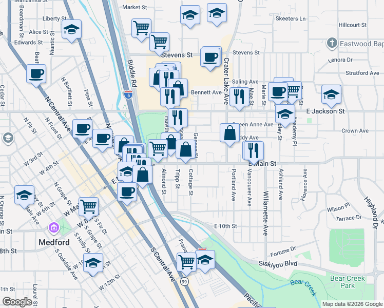 map of restaurants, bars, coffee shops, grocery stores, and more near 15 Geneva Street in Medford