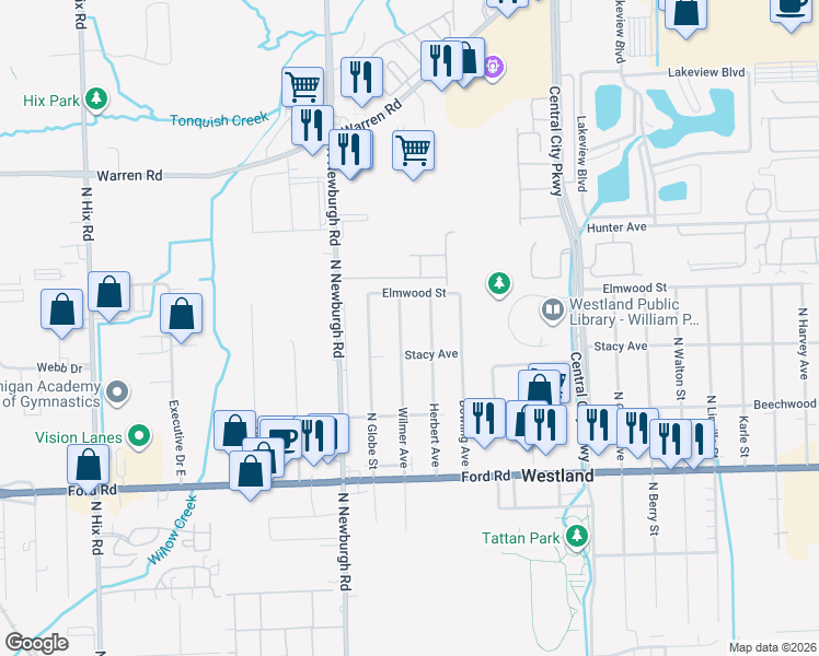 map of restaurants, bars, coffee shops, grocery stores, and more near 6110 Wilmer Street in Westland