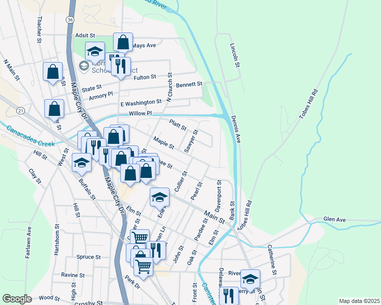 map of restaurants, bars, coffee shops, grocery stores, and more near 108 Maple St in Hornell