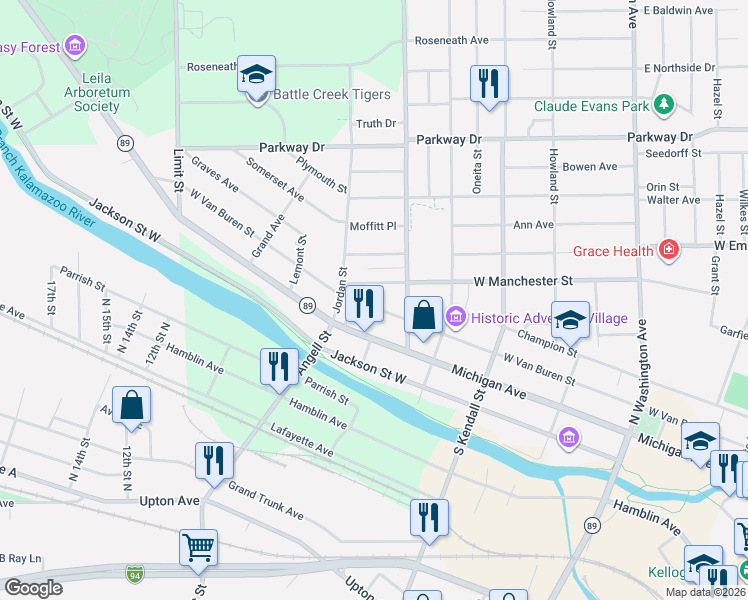 map of restaurants, bars, coffee shops, grocery stores, and more near 558 West Van Buren Street in Battle Creek