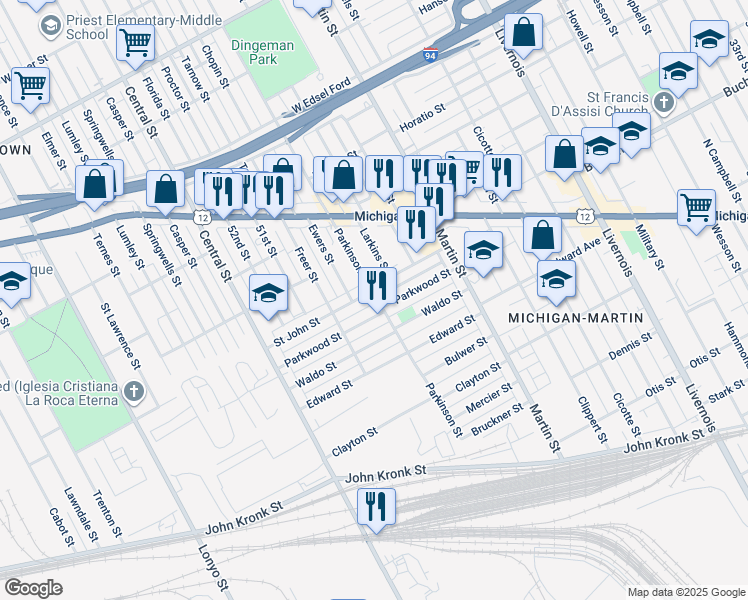 map of restaurants, bars, coffee shops, grocery stores, and more near 7105 Saint John Street in Detroit