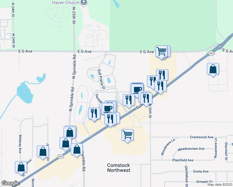 map of restaurants, bars, coffee shops, grocery stores, and more near 4495 Gull Run Drive in Kalamazoo