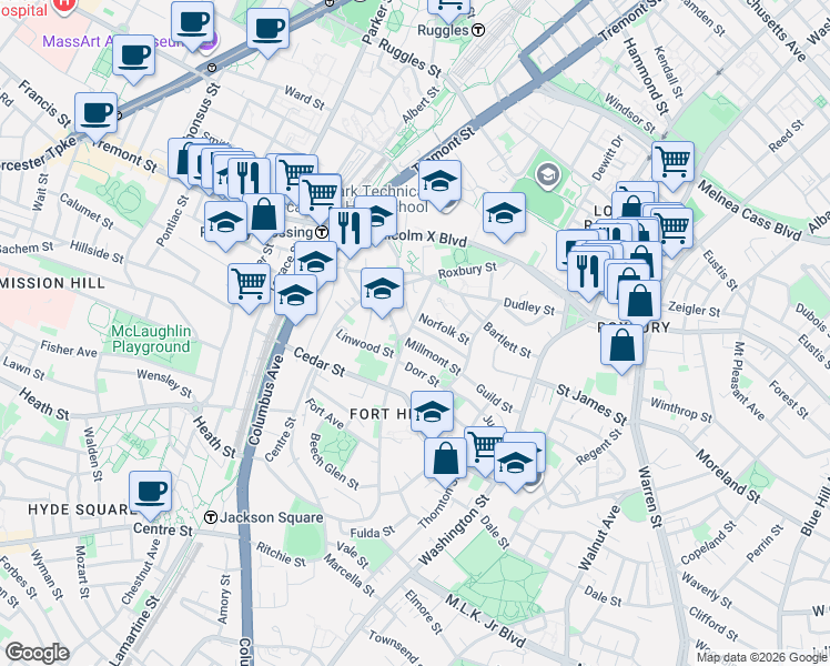 map of restaurants, bars, coffee shops, grocery stores, and more near 6 Alvah Kittredge Park in Boston