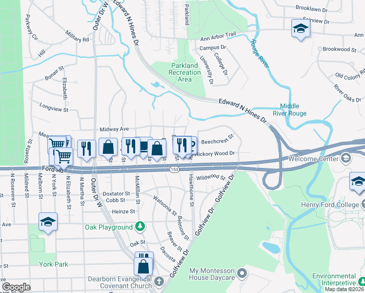map of restaurants, bars, coffee shops, grocery stores, and more near 5686 Belmont Street in Dearborn Heights