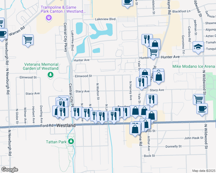 map of restaurants, bars, coffee shops, grocery stores, and more near 6034 North Linville Street in Westland