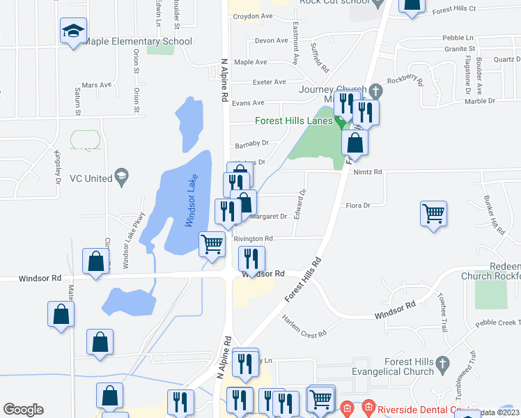 map of restaurants, bars, coffee shops, grocery stores, and more near 2102 Margaret Drive in Loves Park