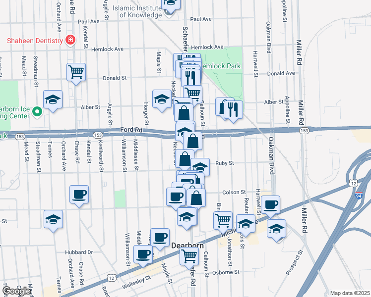 map of restaurants, bars, coffee shops, grocery stores, and more near 5493 Schaefer Road in Dearborn