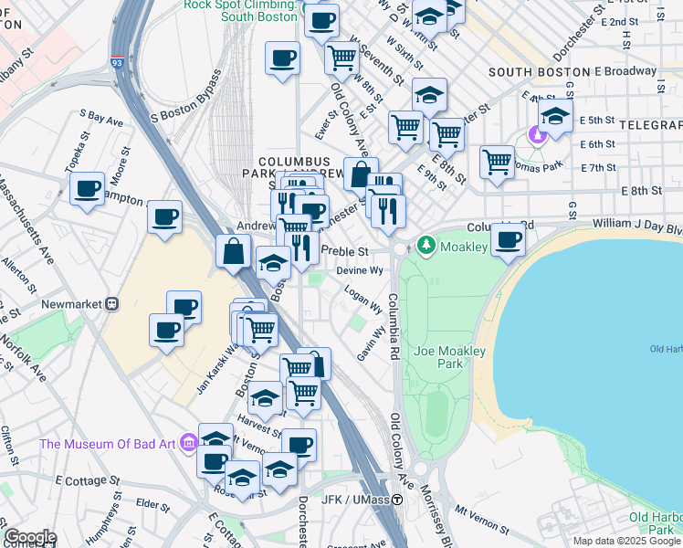 map of restaurants, bars, coffee shops, grocery stores, and more near 59 Devine Way in Boston