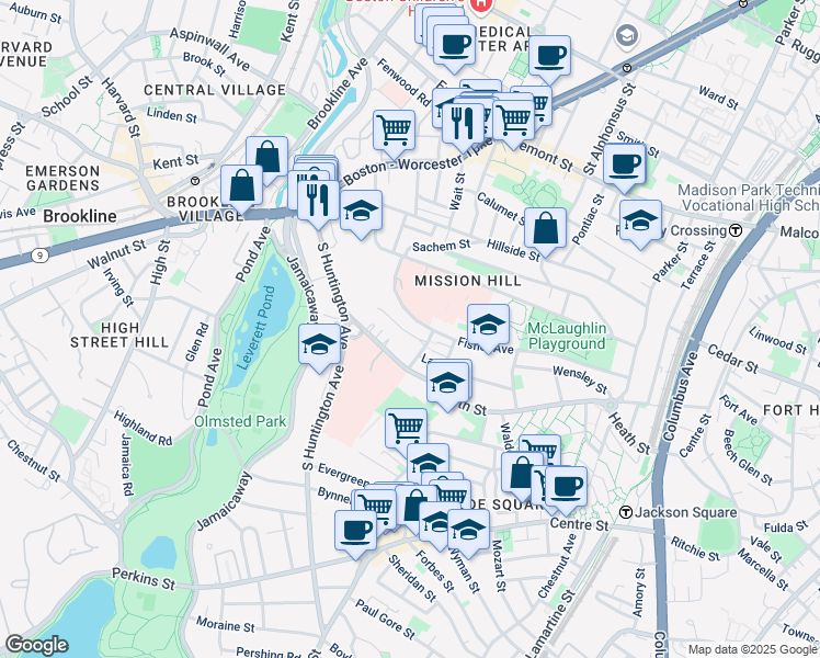 map of restaurants, bars, coffee shops, grocery stores, and more near 172 Fisher Avenue in Boston