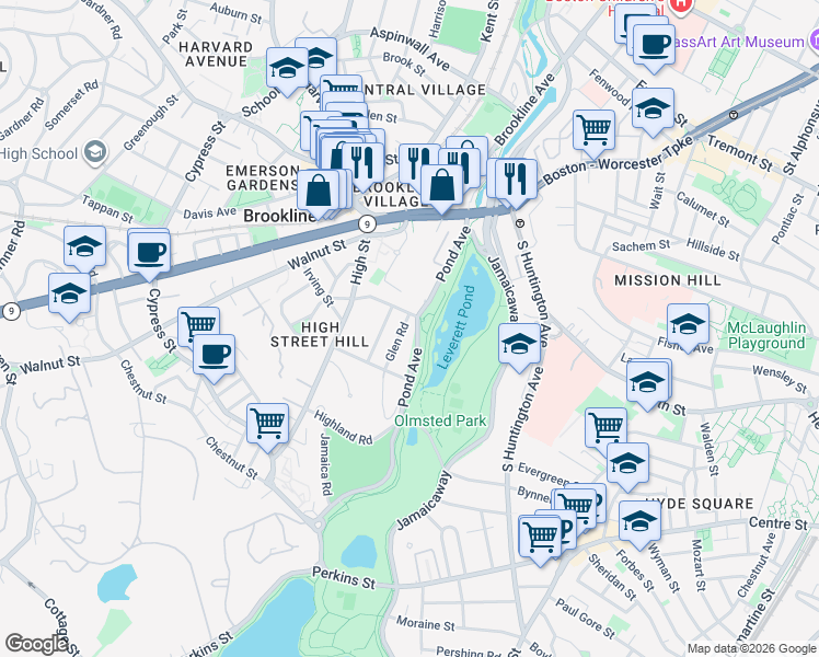 map of restaurants, bars, coffee shops, grocery stores, and more near 25 Glen Road in Brookline