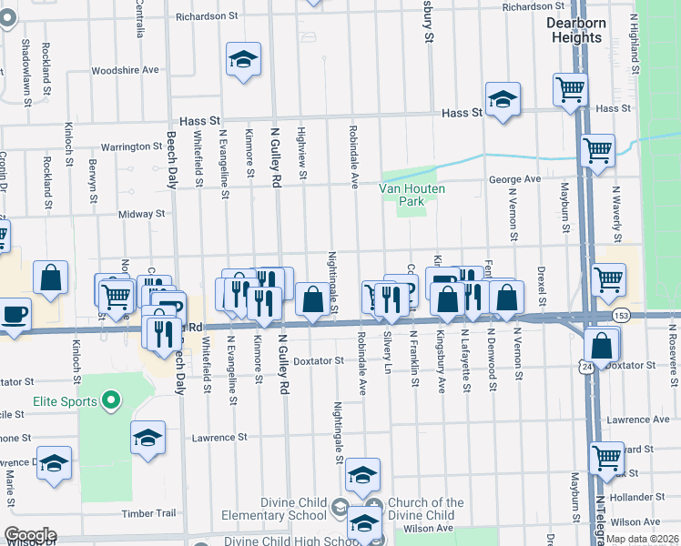 map of restaurants, bars, coffee shops, grocery stores, and more near 5720 Nightingale Street in Dearborn Heights