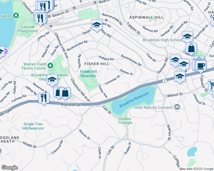 map of restaurants, bars, coffee shops, grocery stores, and more near 33 Leicester Street in Brookline