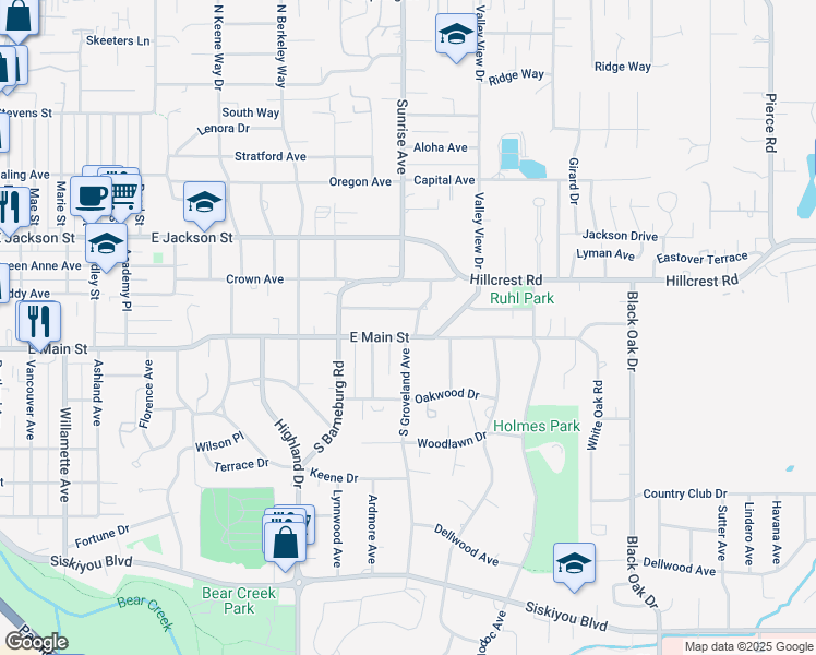map of restaurants, bars, coffee shops, grocery stores, and more near 2015 East Main Street in Medford