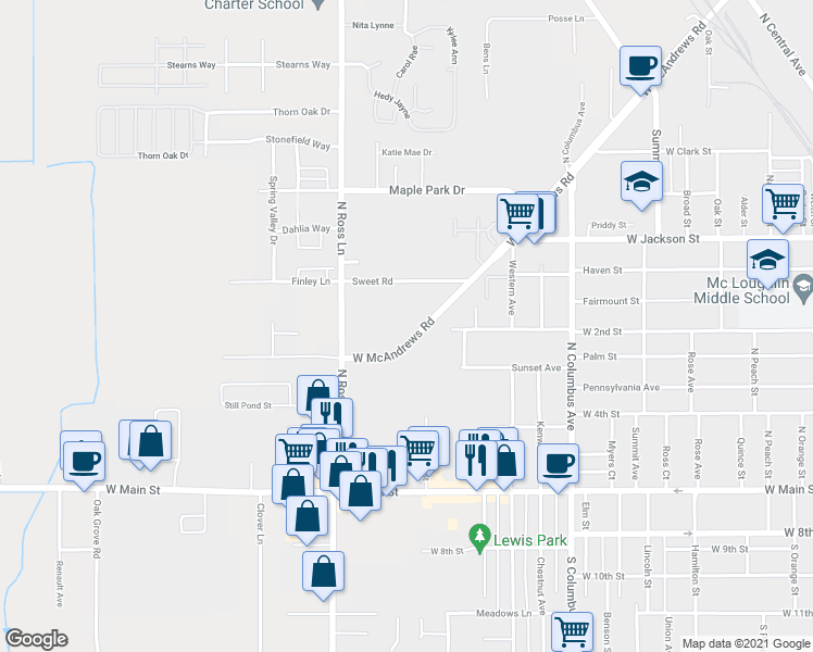 map of restaurants, bars, coffee shops, grocery stores, and more near 1180 West McAndrews Road in Medford