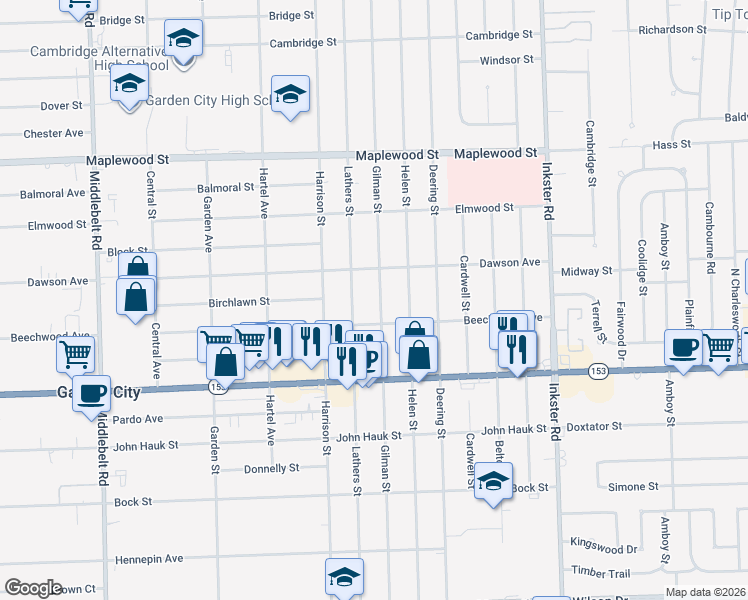 map of restaurants, bars, coffee shops, grocery stores, and more near 5851 Gilman Street in Garden City