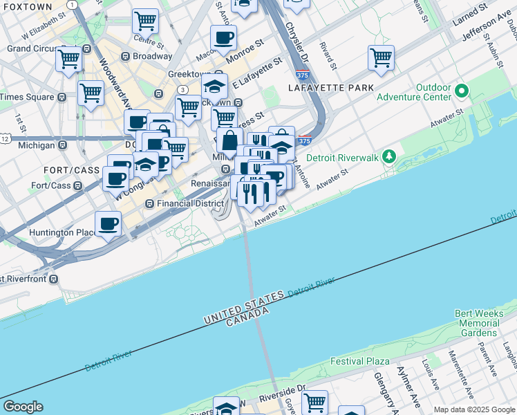 map of restaurants, bars, coffee shops, grocery stores, and more near 400 Renaissance Center in Detroit