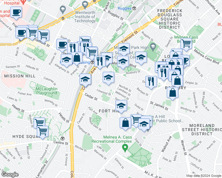 map of restaurants, bars, coffee shops, grocery stores, and more near 6 Alvah Kittredge Park in Boston