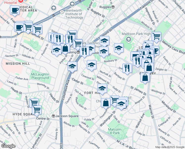map of restaurants, bars, coffee shops, grocery stores, and more near 6 Alvah Kittredge Park in Boston