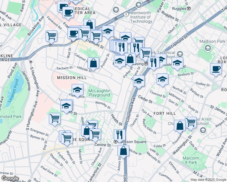 map of restaurants, bars, coffee shops, grocery stores, and more near 228 Calumet Street in Boston