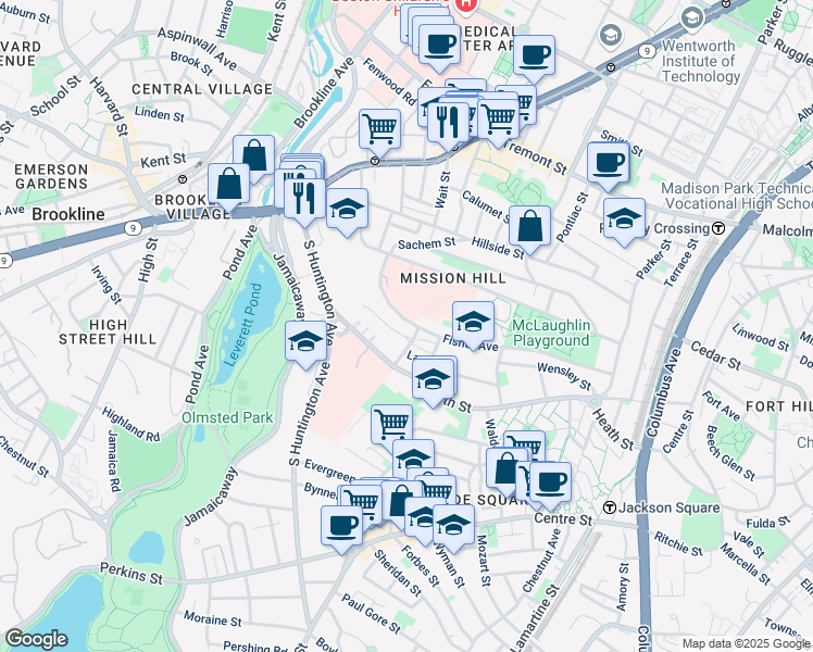 map of restaurants, bars, coffee shops, grocery stores, and more near 172 Fisher Avenue in Boston